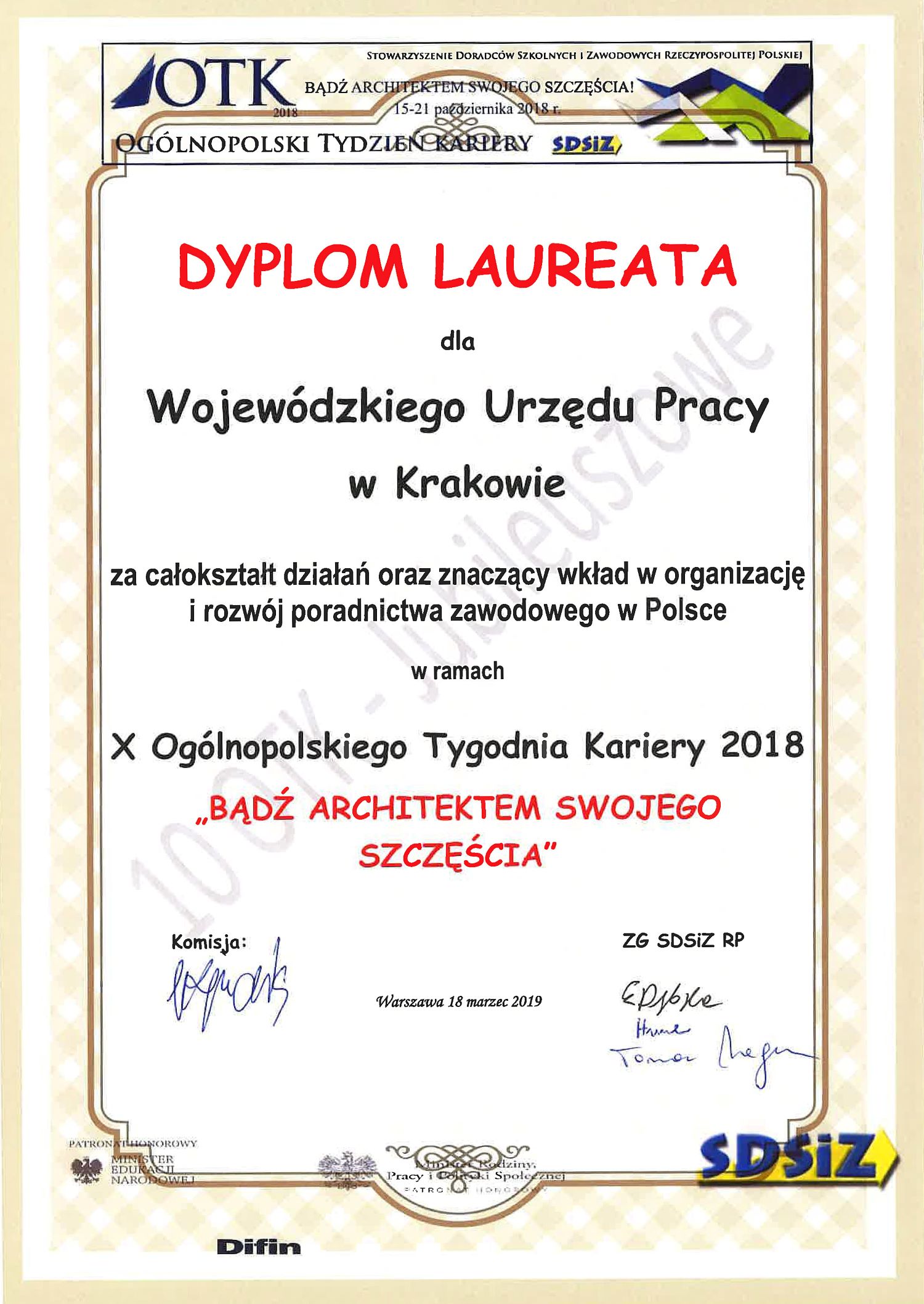 Dyplom laureata X Ogólnopolskiego Tygodnia Kariery 2018