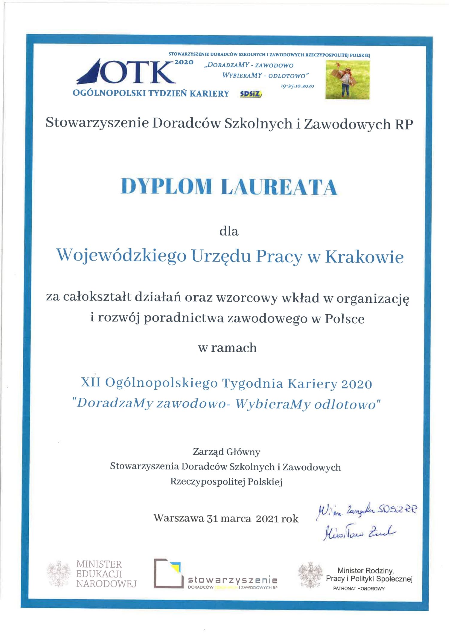 Dyplom laureata XII Ogólnopolskiego Tygodnia Kariery 2020