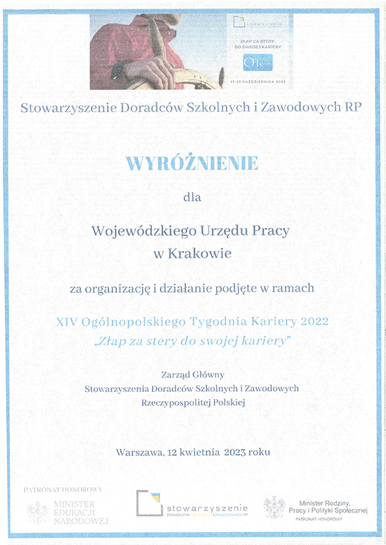 Dyplom wyróżnienia dla Wojewódzkiego Urzędu Pracy w Krakowie za organizację XIV Ogólnopolskiego Tygodnia Kariery 2022