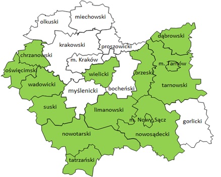 Mapa Małopolski z podziałem na powiaty i miasta powiatowe: miechowski, olkuski, chrzanowski, krakowski, proszowicki, dąbrowski, oświęcimski, wadowicki, miasto Kraków, wielicki, bocheński, brzeski, miasto Tarnów, tarnowski,suski,myślenicki, limanowski,miasto Nowy Sącz, nowosądecki, gorlicki, tatrzański. Wymienione zostały w kolejności czytania od góry z lewej strony do prawej. Kolorem zielonym wyszczególniono powiaty, w których Powiatowe Urzędy Pracy realizują program Konserwator. Są to powiaty: chrzanowski, oświęcimski, wadowicki, suski, nowotarski, tatrzański, wielicki, brzeski, dąbrowski, miasto Tarnów, tarnowski, limanowski, miasto Nowy Sącz, nowosądecki, tatrzański.