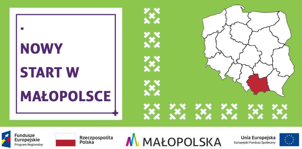 Prostokątna grafika. Na zielonym tle z lewej strony biały kwadrat z napisem Nowy Start w Małopolsce. Z prawej strony kontur Polski z zaznaczonymi granicami województw i zaznaczonym na czerwono obszarem Województwa Małopolskiego. Poniżej i z lewej strony konturu ornament krzyżykowy