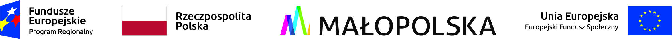 Zestawienie logotypów zawierające od lewej: znak Funduszy Europejskich z podpisem Program Regionalny. Polski - biało czerwona flaga z podpisem Rzeczpospolita Polska, oraz znak województwa małopolskiego z podpisem Małopolska kolejno flaga Unii Europejskiej z podpisem Unia Europejska Europejski Fundusz Społeczny
