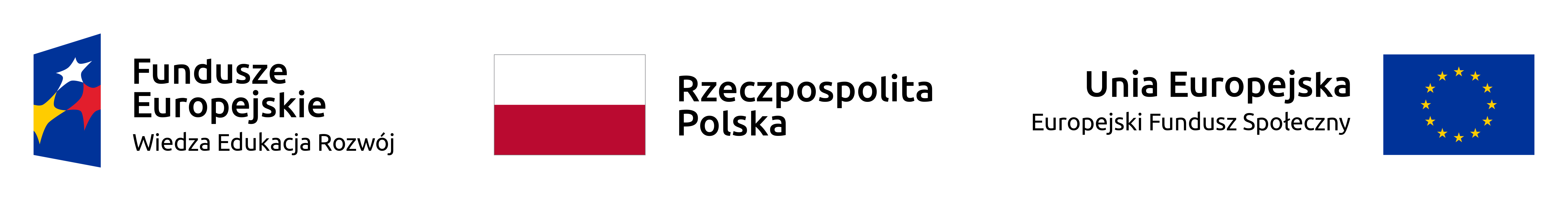 Zestawienie logotypów zawierające od lewej: znak Funduszy Europejskich z podpisem Fundusze Europejskie Wiedza Edukacja Rozwój oraz flaga flaga Polski - z podpisem Rzeczpospolita Polska i flaga Unii Europejskiej z podpisem Unia Europejska Europejski Fundusz Społeczny.