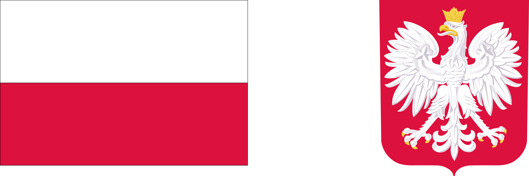 Flaga RP - prostokąt u góry w kolorze białym pod spodem czerwonym. Godło - orzeł w koronie na czerwonym tle.
