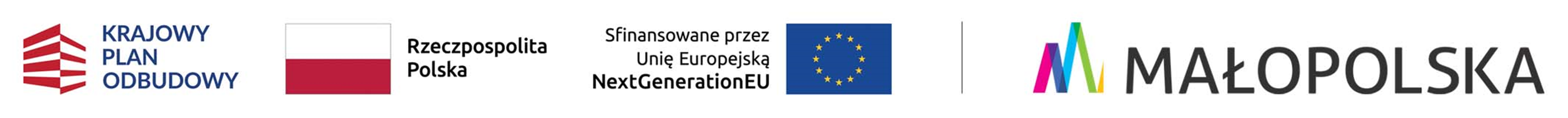 Pasek logotypów, od lewej: znak graficzny i napis Krajowy Plan Odbudowy, flaga Polski i napis Rzeczpospolita Polska, flaga Unii Europejskiej i napis Sfinansowane przez Unią Europejską NextGenerationEU, znak graficzny Województwa Małopolskiego i napis Małopolska