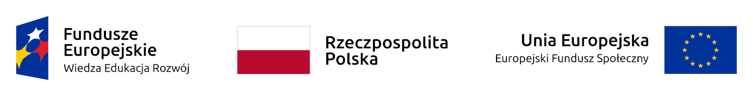 Zestawienie logotypów zawierające od lewej: znak Funduszy Europejskich z podpisem Fundusze Europejskie Wiedza Edukacja Rozwój, flaga Polski z podpisem Rzeczpospolita Polska oraz flaga Unii Europejskiej z podpisem Unia Europejska Europejski Fundusz Społeczny.