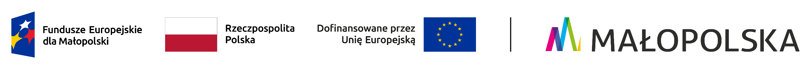 Pasek logotypów, od lewej: znak graficzny i napis Fundusze Europejskie dla Małopolski, flaga Polski i napis Rzeczpospolita Polska, flaga Unii Europejskiej i napis Dofinansowane przez Unią Europejską, znak graficzny Województwa Małopolskiego i napis Małopolska