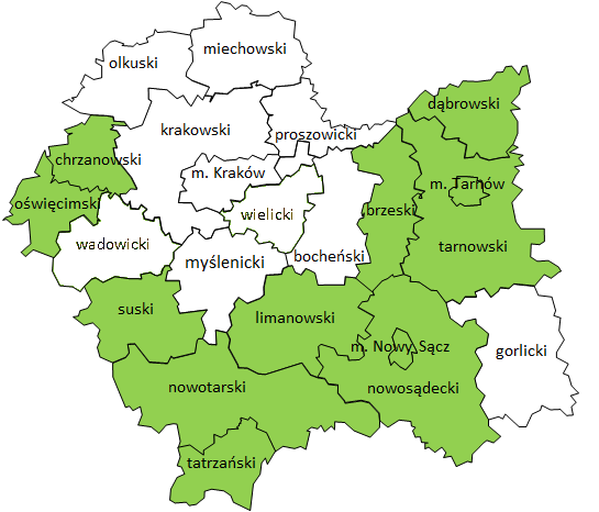 Na zdjęciu kontur małopolski z zaznaczonymi na zielono poszczególnymi powiatami, biorącymi udział w programie Konserwator