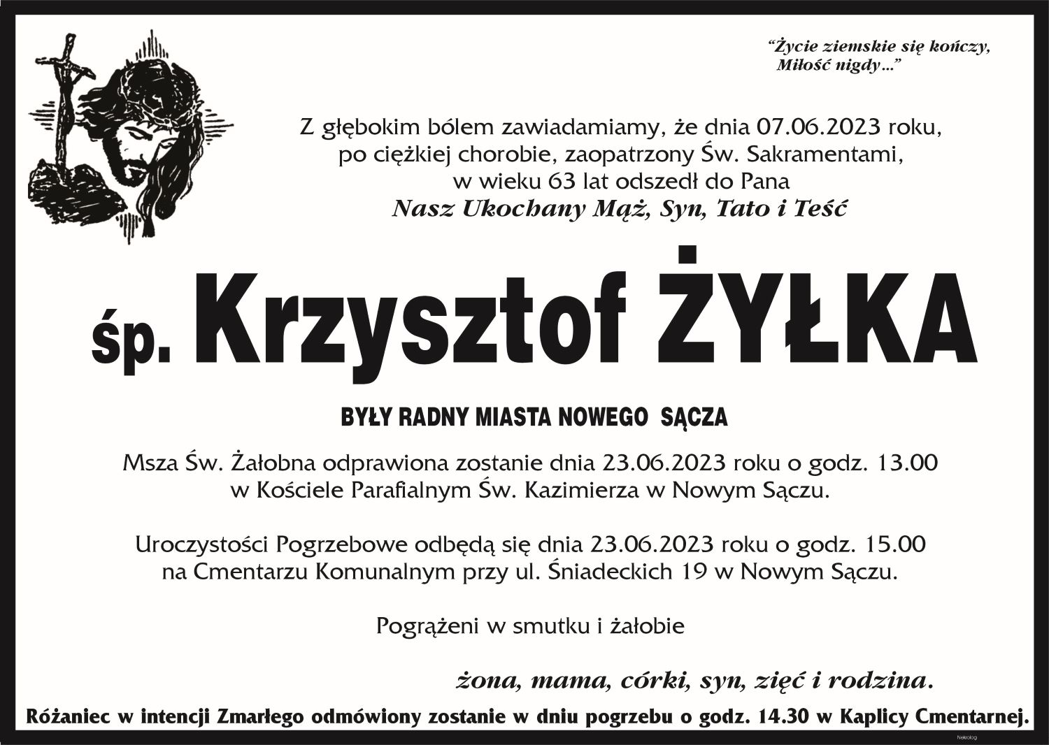 Klepsydra informująca o śmierci Krzysztofa Żyłki oraz terminie mszy żałobnej i uroczystości pogrzebowych.