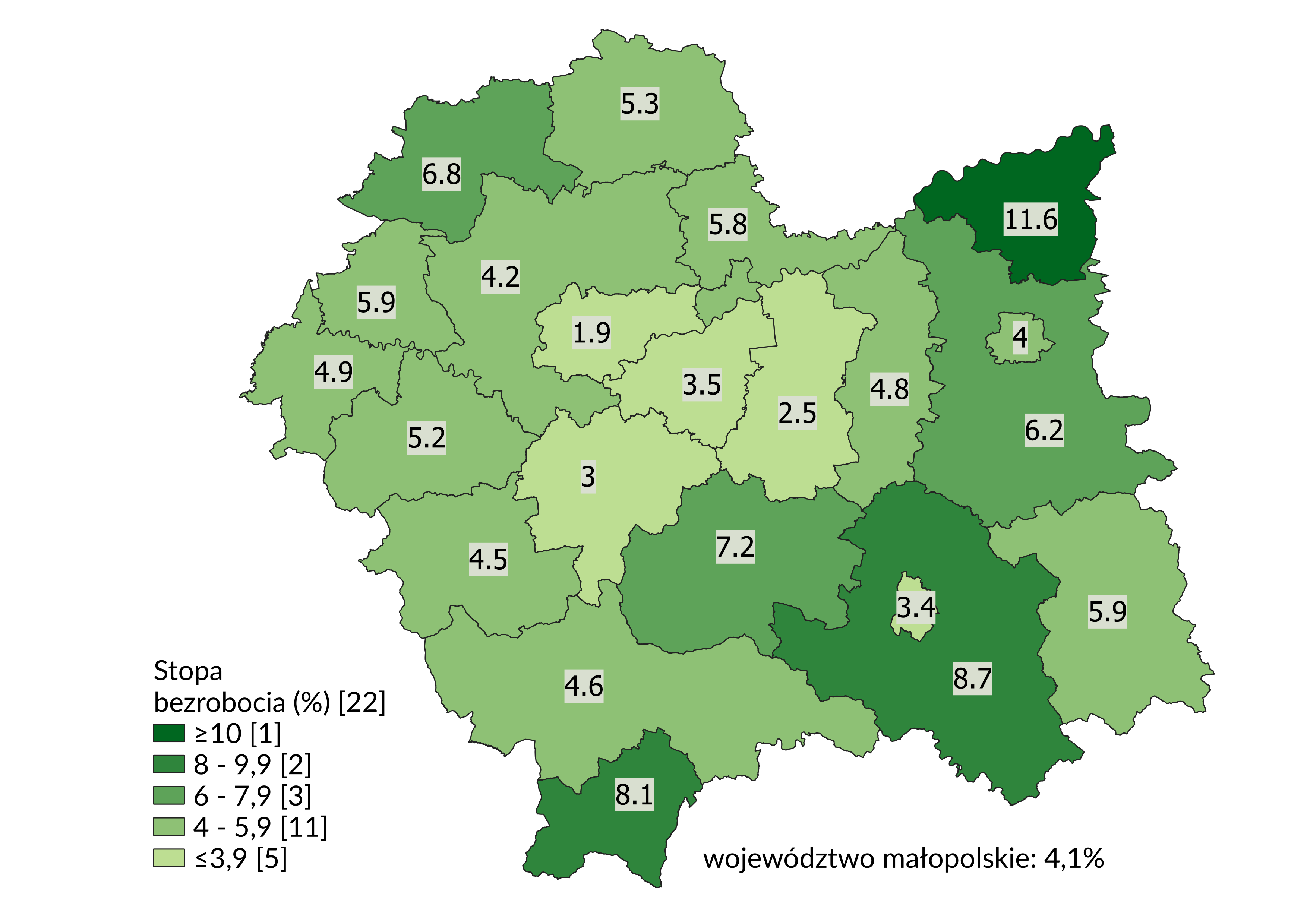 Mapa przedstawia wartości stopy bezrobocia w podziale na powiaty w październiku 2023 r.