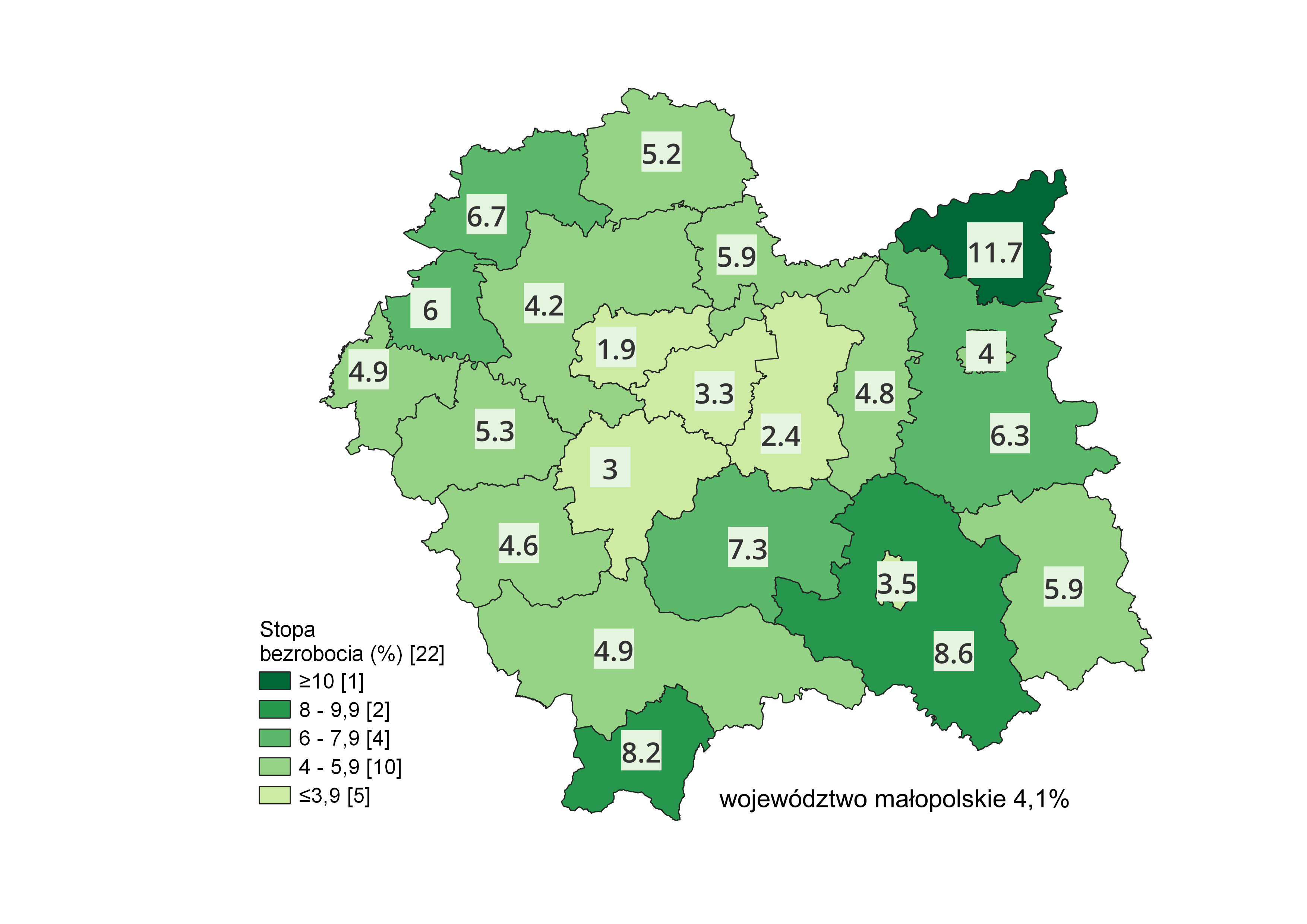Mapa województwa małopolskiego w podziale na powiaty z informacją o stopie bezrobocia w powiatach