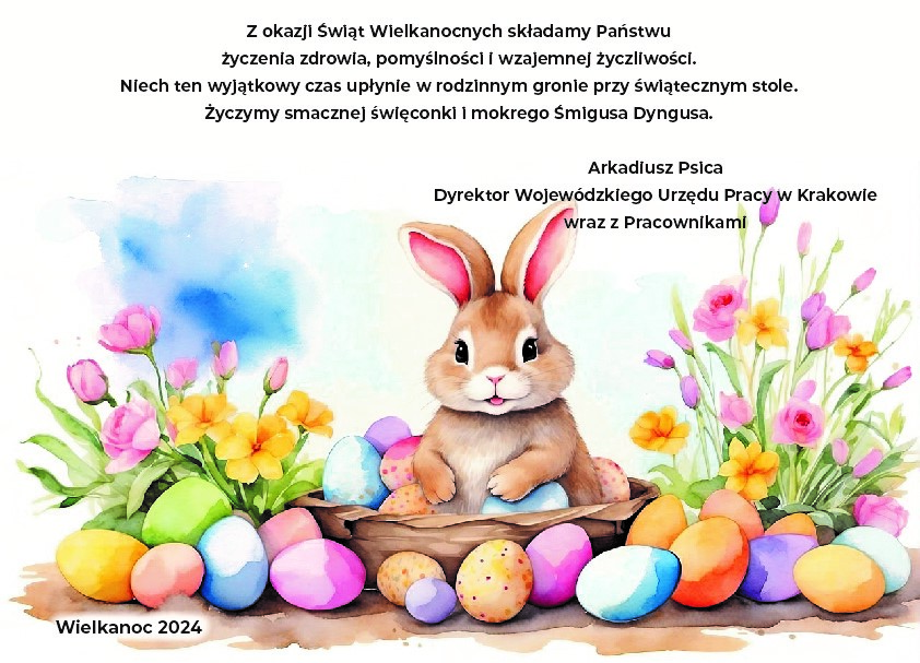 Kartka świąteczna malowana farbami pastelowymi, mały królik siedzący w koszyku wokół wielobarwnych jajek i wiosennych kwiatów.