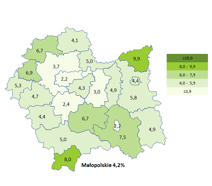 Mapa przedstawiająca stopę bezrobocia rejestrowanego w poszczególnych powiatach woj. małopolskiego w czerwcu 2019r.