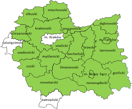 Mapa powiatów województwa małopolskiego z zaznaczonymi kolorem powiatami, gdzie program jest realizowany