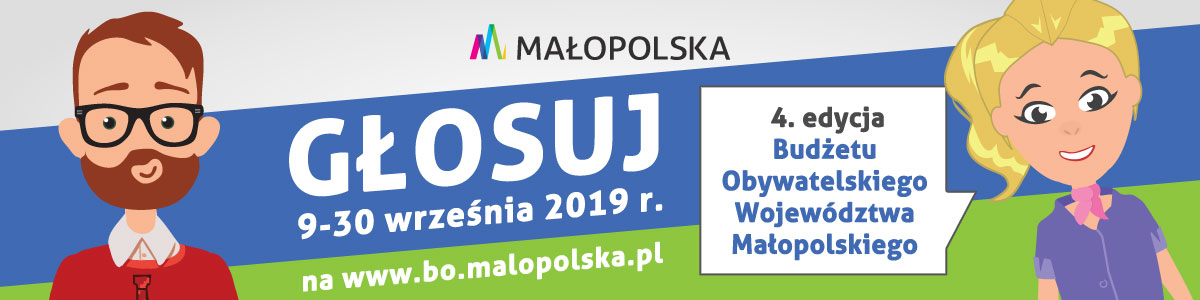 Baner: 4. edycja Budżetu Obywatelskiego Województwa Małopolskiego. Głosuj 9-30 września 2019 r. na www.bo.malopolska.pl.