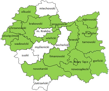 Mapa Małopolski z podziałem na powiaty i miasta powiatowe: miechowski, olkuski, chrzanowski, krakowski, proszowicki, dąbrowski, oświęcimski, wadowicki,miasto Kraków, wielicki, bocheński, brzeski, miasto Tarnów, tarnowski,suski,myślenicki, limanowski,miasto Nowy Sącz, nowosądecki, gorlicki, tatrzański. Wymienione zostały w kolejności czytania od góry z lewej strony do prawej. Kolorem zielonym wyszczególniono powiaty, w których Powiatowe Urzędy Pracy realizują program "Bumerang -powrót na rynek pracy" Są to powiaty: olkuski, chrzanowski, krakowski, proszowicki, dąbrowski, oświęcimski, wadowicki, wielicki, brzeski, miasto Tarnów, tarnowski, limanowski, miasto Nowy Sącz, nowosądecki, gorlicki.