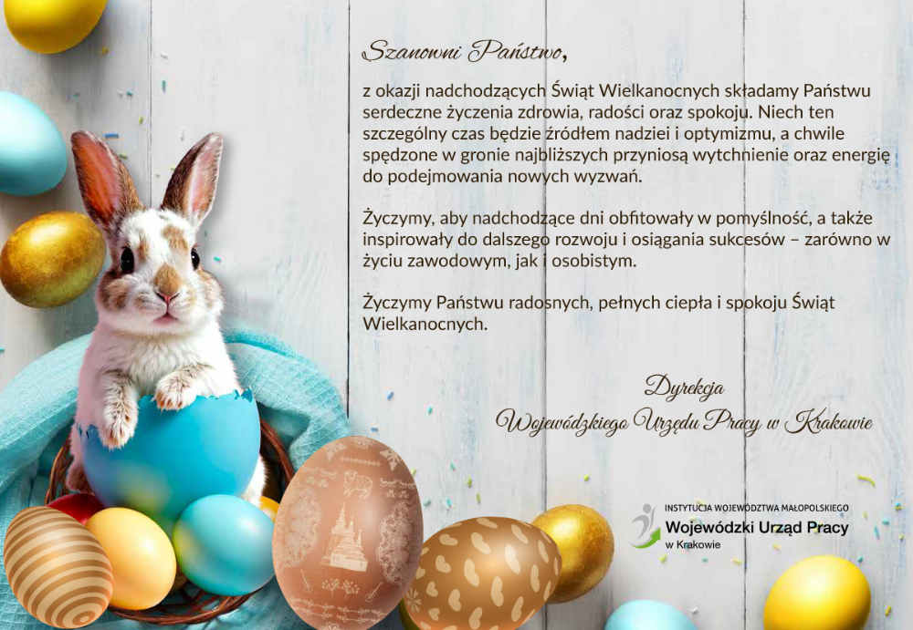 Kartka wielkanocna. Mały zajączek wśród pisanek i jajek w różnych kolorach. Treść życzeń wpisana w tekście artykułu.