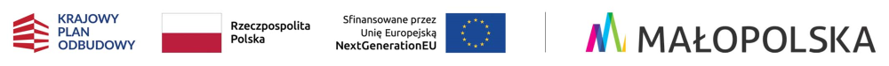 Zestawienie logotypów informujące o dofinansowaniu z Krajowego Planu Odbudowy i Zwiększania Odporności oraz budżetu państwa i Województwa Małopolskiego