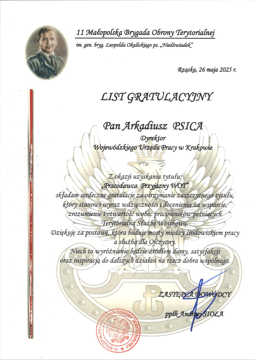Skan listu gratulacyjnego, treść listu w opisie niżej
